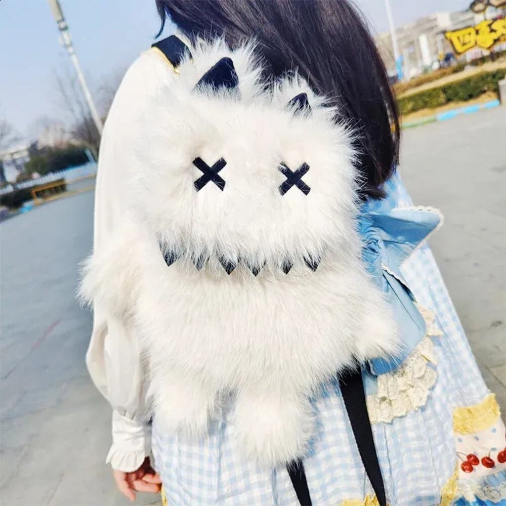 Plush Monster Backpack – Kawaii Furry Stuffed Animal Bag w/ Horns & Teeth -White